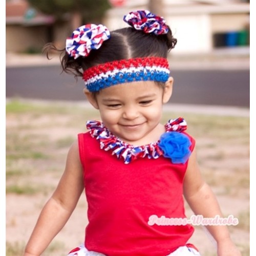Red Tank Tops with Red White Royal Blue Striped Stars Satin Lacing and One Royal Blue Rose T435 